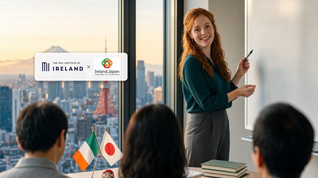 Irish English teacher in a Tokyo classroom with TEFL.ie and Ireland Japan Chamber of Commerce logos