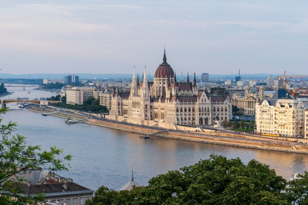 Hungarian Parliament Building on the Danube in Budapest on a clear day