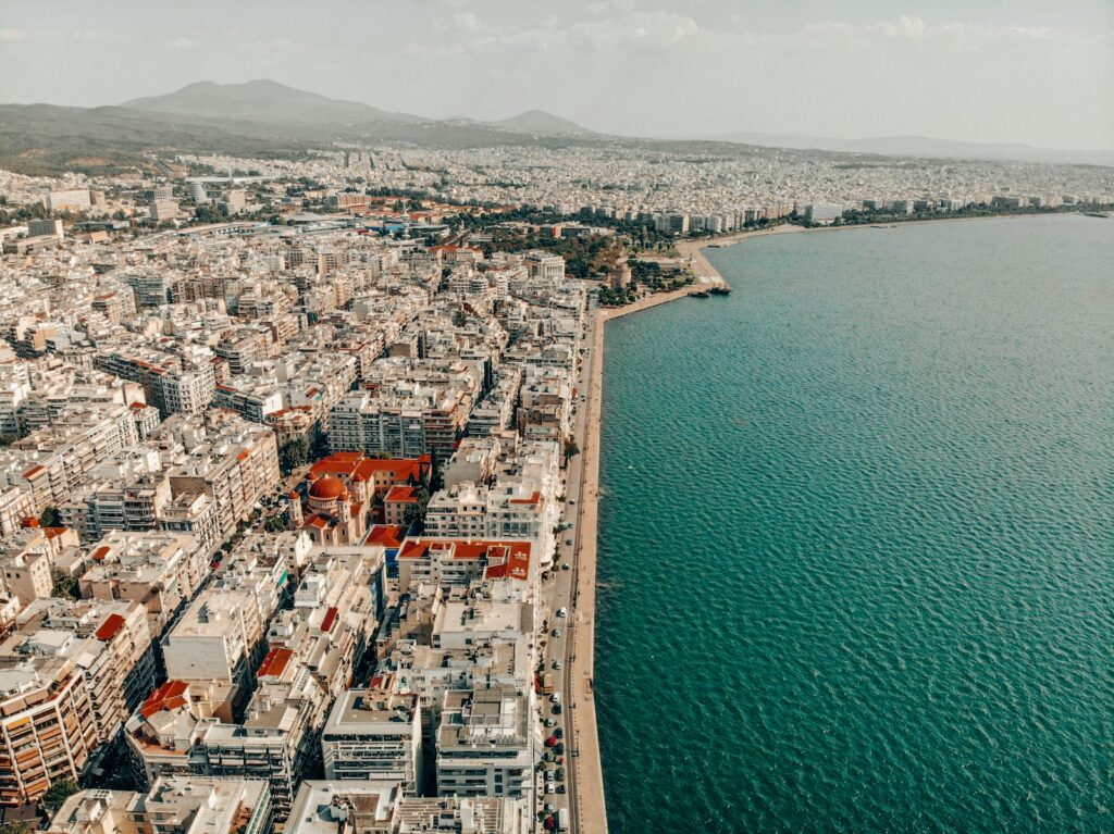 Thessaloniki waterfront and city blocks seen from above, Greece's second TEFL market