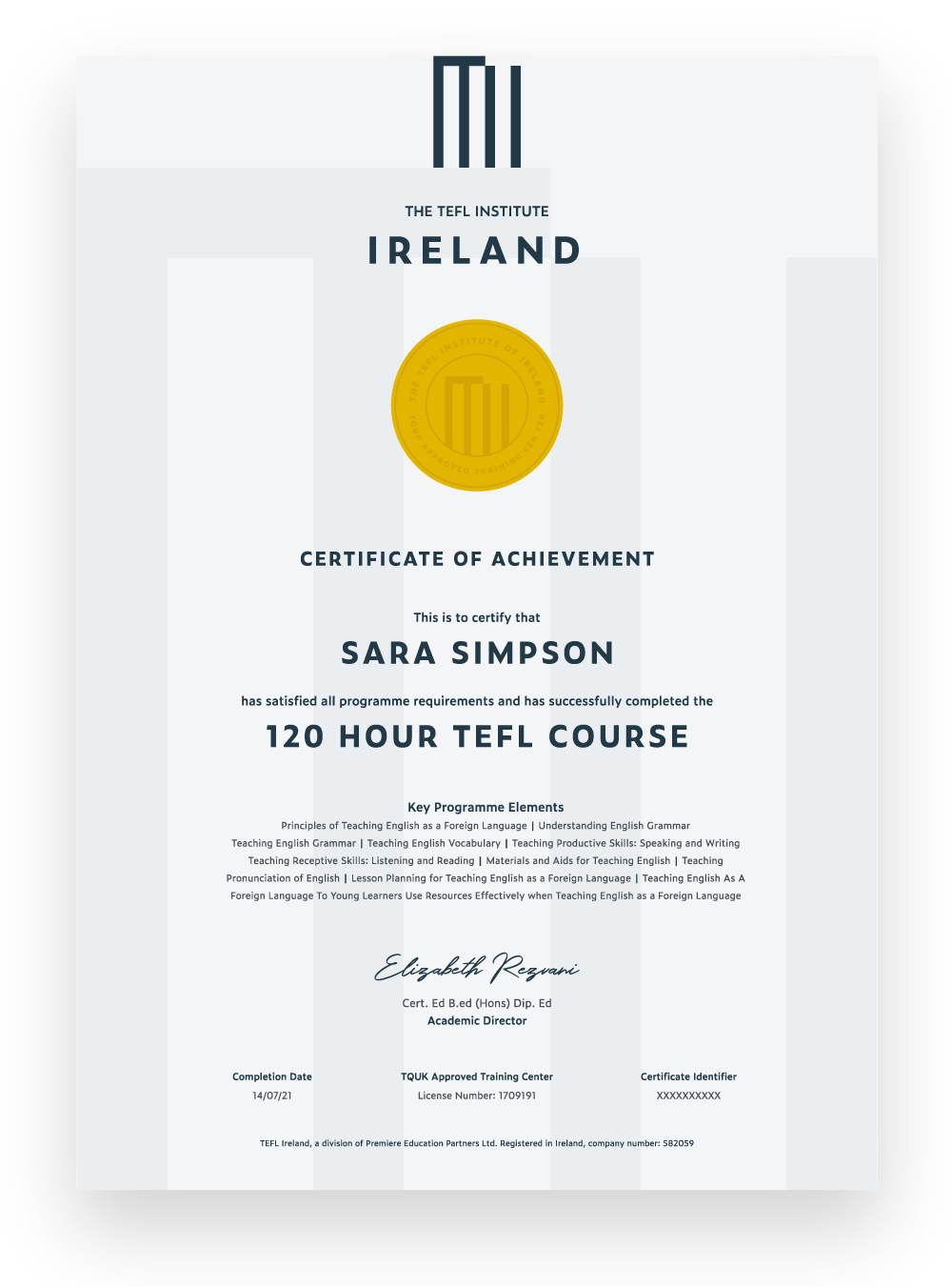 Sample TEFL Institute of Ireland certificate showing the unique identifier under the date of issue