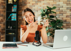 Content creator recording a TEFL affiliate marketing video at home