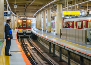 Japanese train station platform, highlighting convenient transport for teachers who teach English in Japan without experience