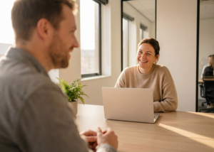 Teacher discussing TEFL interview questions with a recruiter in a classroom office