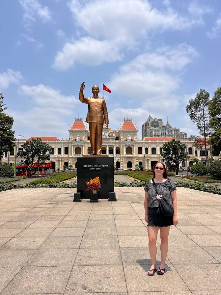 TEFL teacher visiting the Ho Chi Minh statue in Ho Chi Minh City during a weekend trip while teaching English in Vietnam.